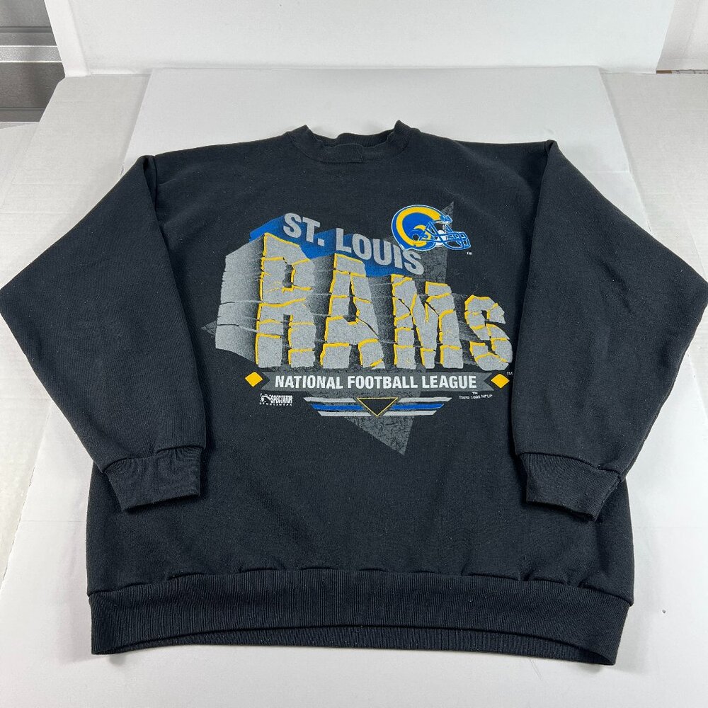 VTG 90s NFL St Louis Ram Football Sweatshirt Large Black Faded Big Logo Crewneck